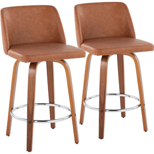 Toriano 26" Swivel Counter Stool in Walnut Wood & Camel Leatherette with Chrome Footrest (Set of 2)